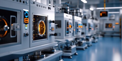 Fototapeta premium Advanced laboratory equipment in a high tech research facility with glowing displays and precision instruments