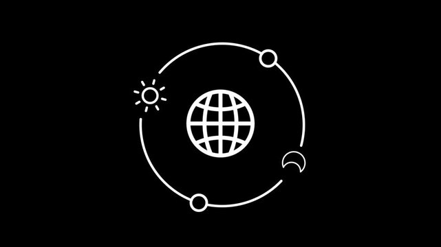 Day Night Globe Animation, Sun and Moon Orbit Around Earth, Global Time Cycle Icon, Alpha Channel Transparent Background