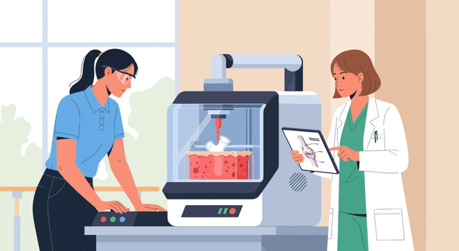 Scientists using 3D bioprinter for medical research, healthcare innovation