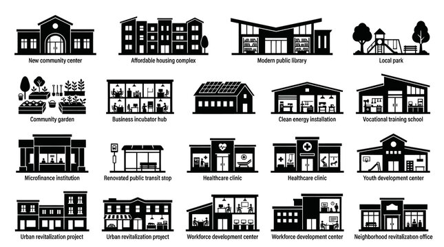 Black  White Icons: Urban Development, Community Buildings, Services  Projects