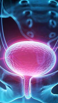 Vertical video: Animating bladder pulsing in pelvic bones, showing ureters urethra magenta bands