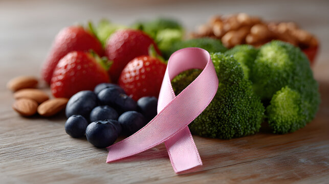 Healthy Foods and Pink Ribbon Symbolizing Breast Cancer Awareness and Healthy Lifestyle Choices