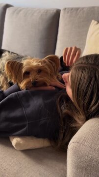 Young woman pampering her small yorky pet.Young girl petting her cute yorky pet. Relax and play with pets. Love and dedication to dogs .Vertical images