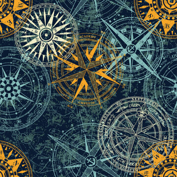 Grunge nautical rose wind compass with nautical map background vintage vector seamless pattern for fabric carpet wallpaper pillow tablecloth shirt tapestry