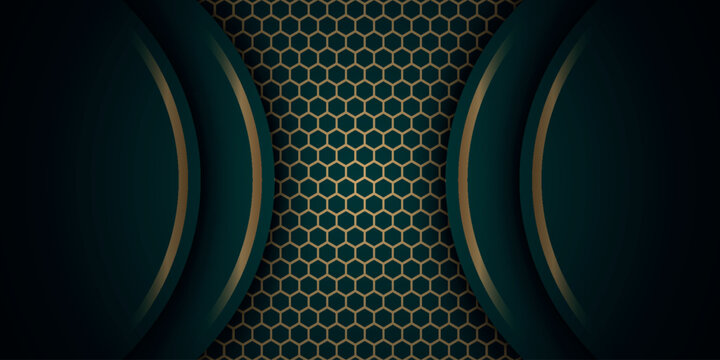 Abstract background with shiny hexagon mesh texture. Luxurious design with overlapping geometric layers and elegant golden lines. Modern premium concept. Vector vol. 3