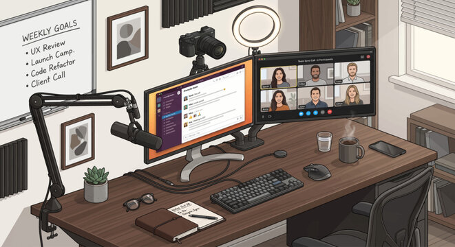 Professional home office desk setup for remote work and video conferencing illustration