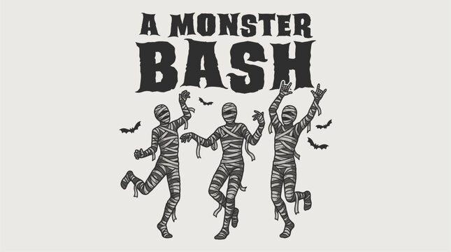 Monster bash. Dancing mummies vintage art. Retro spooky t shirt design.