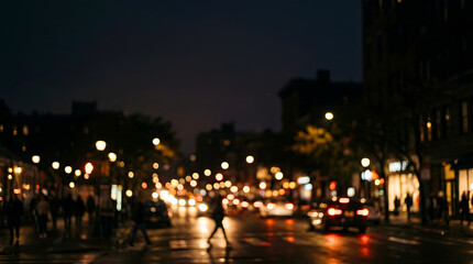 Fototapeta premium Blurred city night street scene with glowing traffic lights and silhouettes of people walking on sidewalks