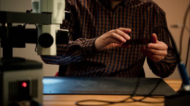 Technician inspecting electronics at repair workbench