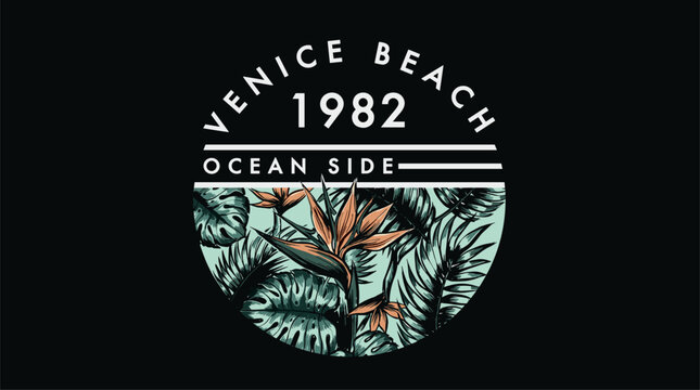 Venice beach 1982 graphic. Ocean side summer paradise. Vintage tropical tshirt vector design.