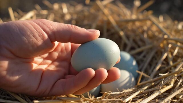 A hand gently holds an egg in a nest of straw on a farm.