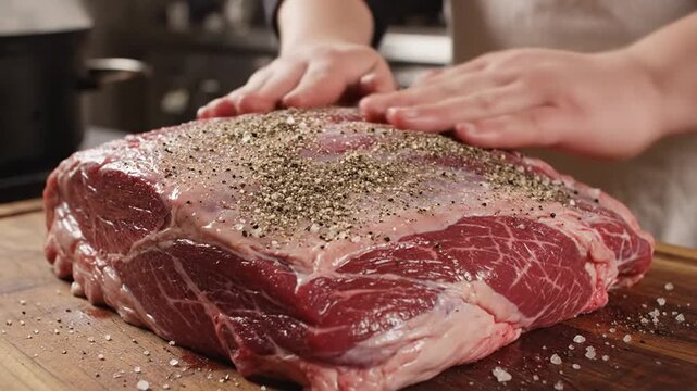 Person seasoning a raw beef roast on a wooden cutting board with hands