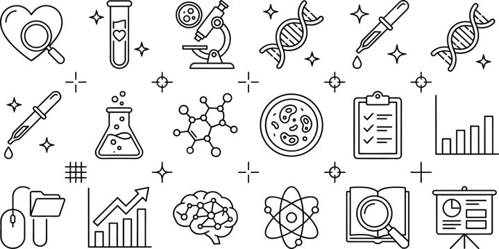 Medical science laboratory research vector elements doodle set with microscope dna test tube flask molecule charts and brain