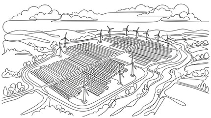 Fototapeta premium Hybrid renewable energy power plant with solar panels and wind turbines.