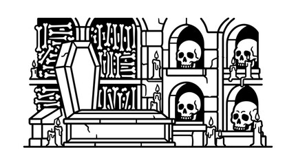 Naklejka premium Spooky Crypt Scene with Coffin Skeletons and Candles.