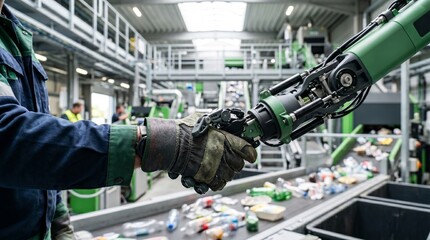Naklejka premium A worker hand shakes a robotic hand in a recycling facility. Concept includes automation, industry, cooperation, and advanced technology applications. Generative AI