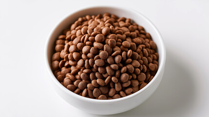 Fototapeta premium Bowl of dry dog food kibble viewed from above on a clean white background, representing pet nutrition and healthy canine feeding.