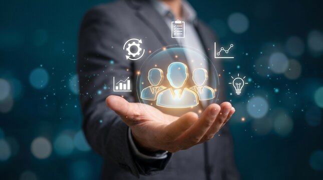 Businessman holding a glowing digital sphere with human icons and business symbols representing team management, leadership, and strategy