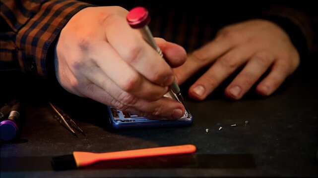 Repair technician disassembling smartphone with precision screwdriver