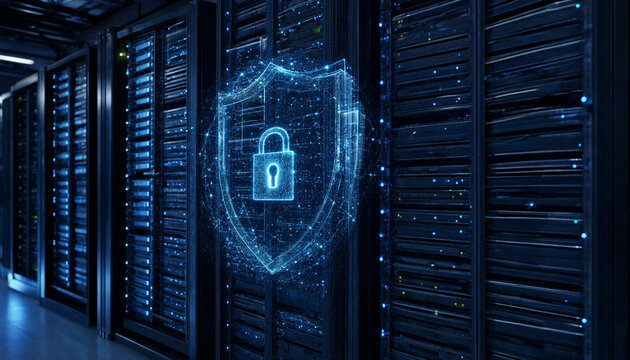 Glowing blue digital shield with a padlock symbol floating in front of rows of black server racks in a dark data center environment