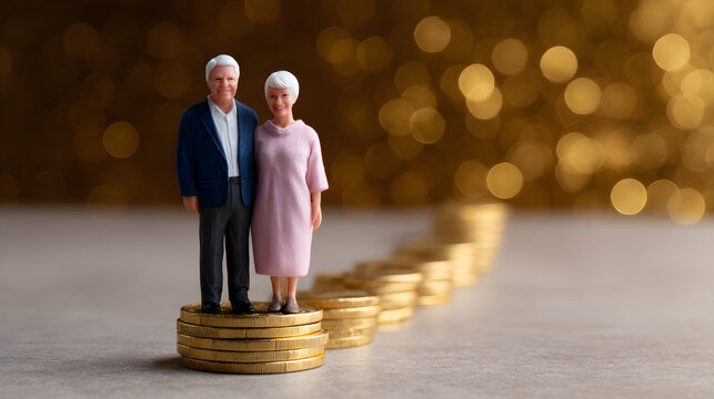Elderly Couple Standing On Stacked Coins Representing Retirement Savings and Financial Security