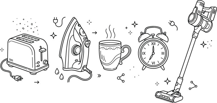 Morning routine household traditional vector elements doodle set with toaster iron coffee mug alarm clock and vacuum cleaner