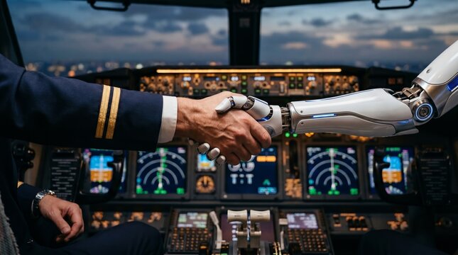 A human pilot hand shakes a robotic hand in a modern airplane cockpit. Concept of human robot collaboration, innovation, and technology in aviation and automation. Generative AI