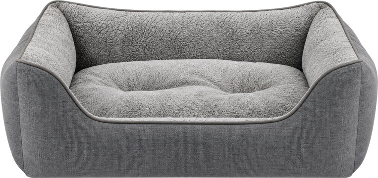 Comfortable grey plush dog bed isolated on transparent background