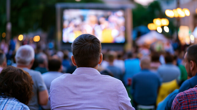Crowd of fans watching a live sporting event on a giant outdoor screen during a public viewing gathering at sunset.