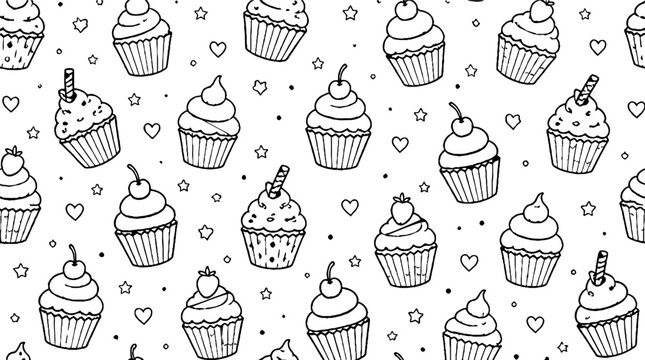 Whimsical cupcake pattern with hearts and stars.