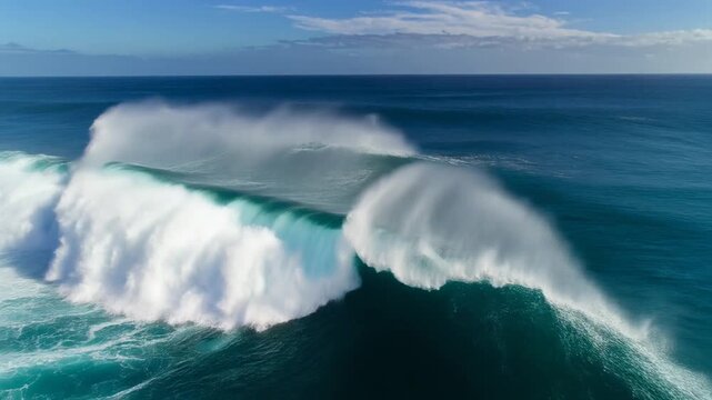 Majestic deep ocean swell breaking beneath aerial viewpoint with radiant spray and powerful motion