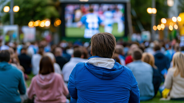 Crowd of fans watching a live sporting event on a giant outdoor screen during a public viewing gathering at sunset.