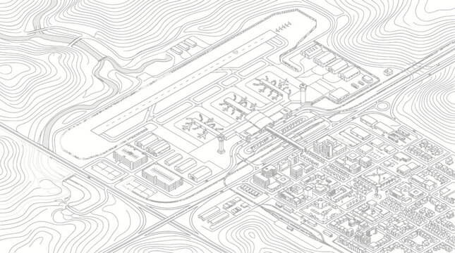 Isometric airport and urban city planning layout with topography