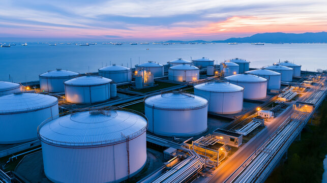 Large oil storage tanks at a coastal refinery during sunset, representing energy infrastructure, petroleum storage, and the industrial fuel supply chain.
