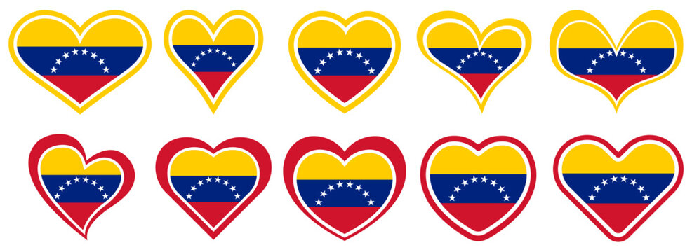 Collections Venezuela flag heart shaped icon set. Venezuela flag love symbol. Romantic Venezuela flag badge emblem design vector illustration