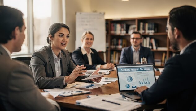 Footage of an academic coordinator discussing specialty program standards with colleagues main subject clear against an outoffocus team.