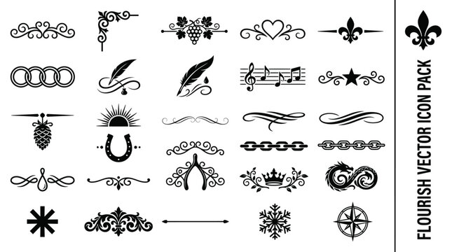 Comprehensive black silhouette vector set featuring elegant flourishes, dividers, borders, and a variety of ornamental decorative elements for creative design projects
