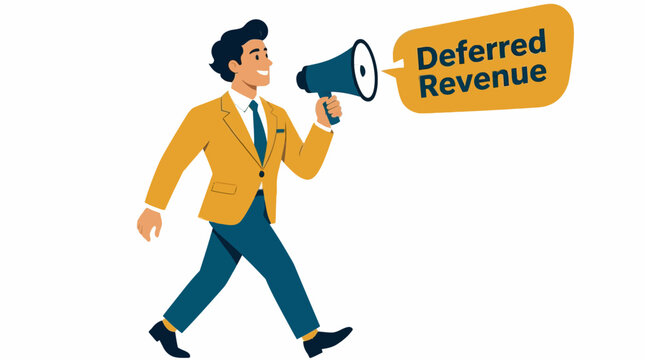 Businessman announcing deferred revenue concept with megaphone.