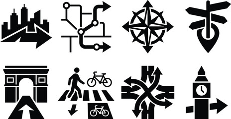 Fototapeta premium Navigation and Direction Silhouette Icons Set Featuring Maps Routes Signposts Crosswalks Landmarks and Wayfinding Symbols