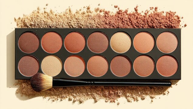Palette with various shades of brown and a makeup brush