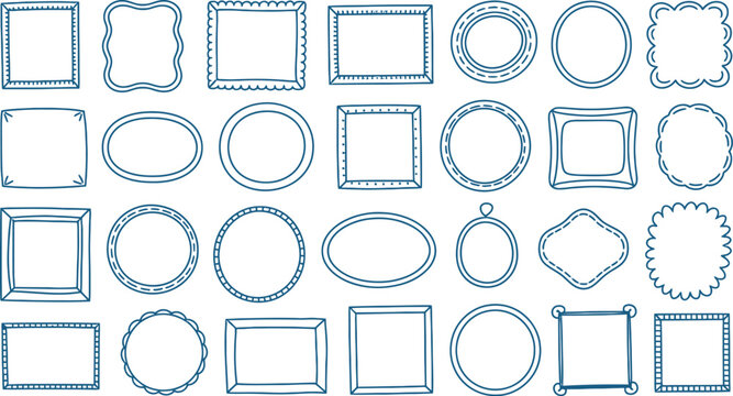 Hand drawn doodle frames set with cute blue outline borders in circle square oval shapes for vintage photo gallery design.