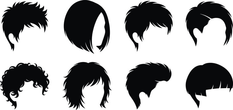 Fashion Hairstyle Silhouette Collection with Modern Short and Curly Haircuts