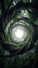 Obraz premium Surreal Forest Canopy with Twisting Vines Spiraling Towards a Bright Light in a Mystical Jungle
