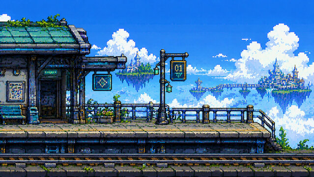 浮遊島が広がる幻想世界の駅ホーム ピクセルアート