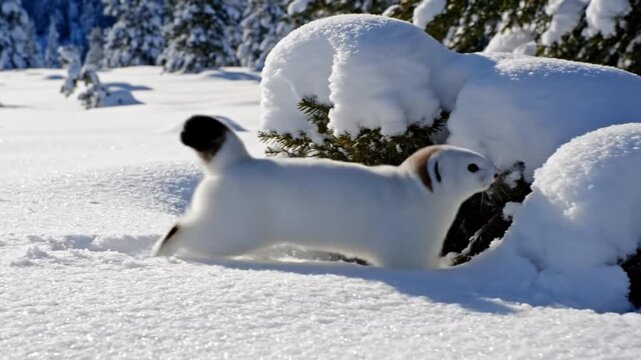 White ermine emerging from snow in winter forest