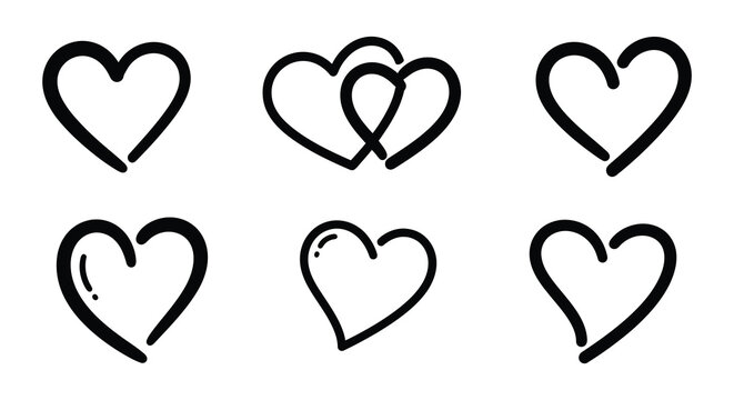 Heart Shapes Collection Black Line Silhouettes On White Background