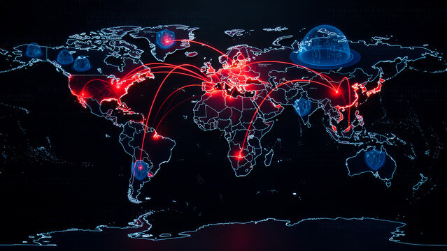 Visualization of an ongoing global cyber attack, a dark glowing 3D world map in dark blue, Dozens of animated attack vectors are shown as bright red curved lines.
