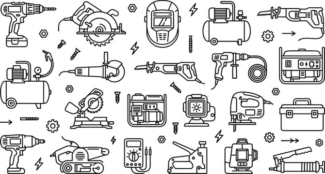 Power tools industrial construction hardware vector elements doodle set with drill saw compressor generator grinder and toolbox