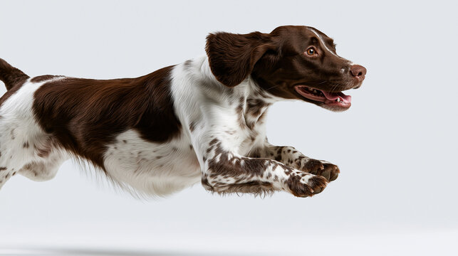 Energetic English Springer Spaniel dog running in midair isolated on a white background with a playful expression.