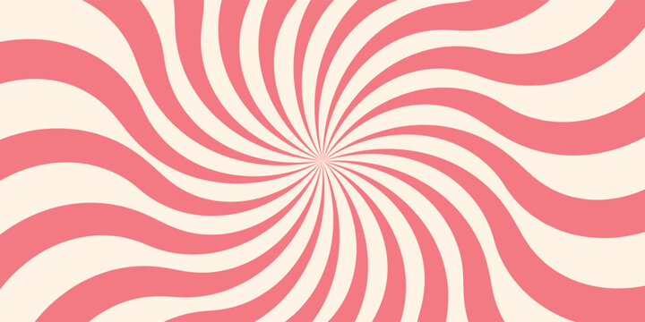 Pink ice cream and candy swirl background, lollipop vortex patterns intermixed with strawberry and circus elements. Retro spiral design. Flat vector illustration isolated